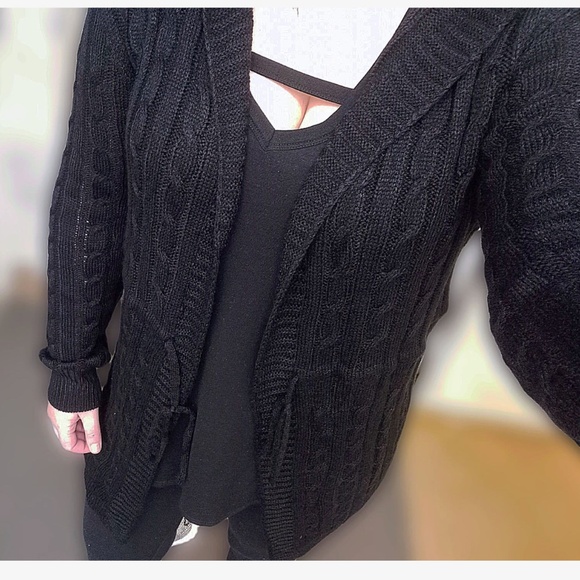 Cozy Black Chunky Cable Knit Hoodie Long Cardigan